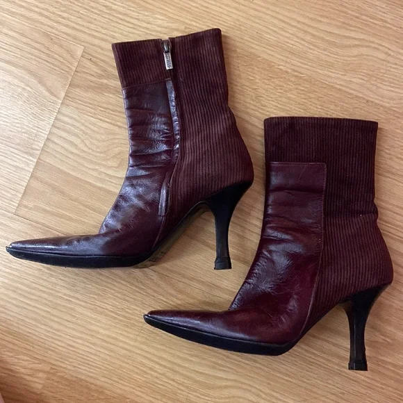 Leather and Corduroy Wine Heeled Boots - Picture 2 of 4